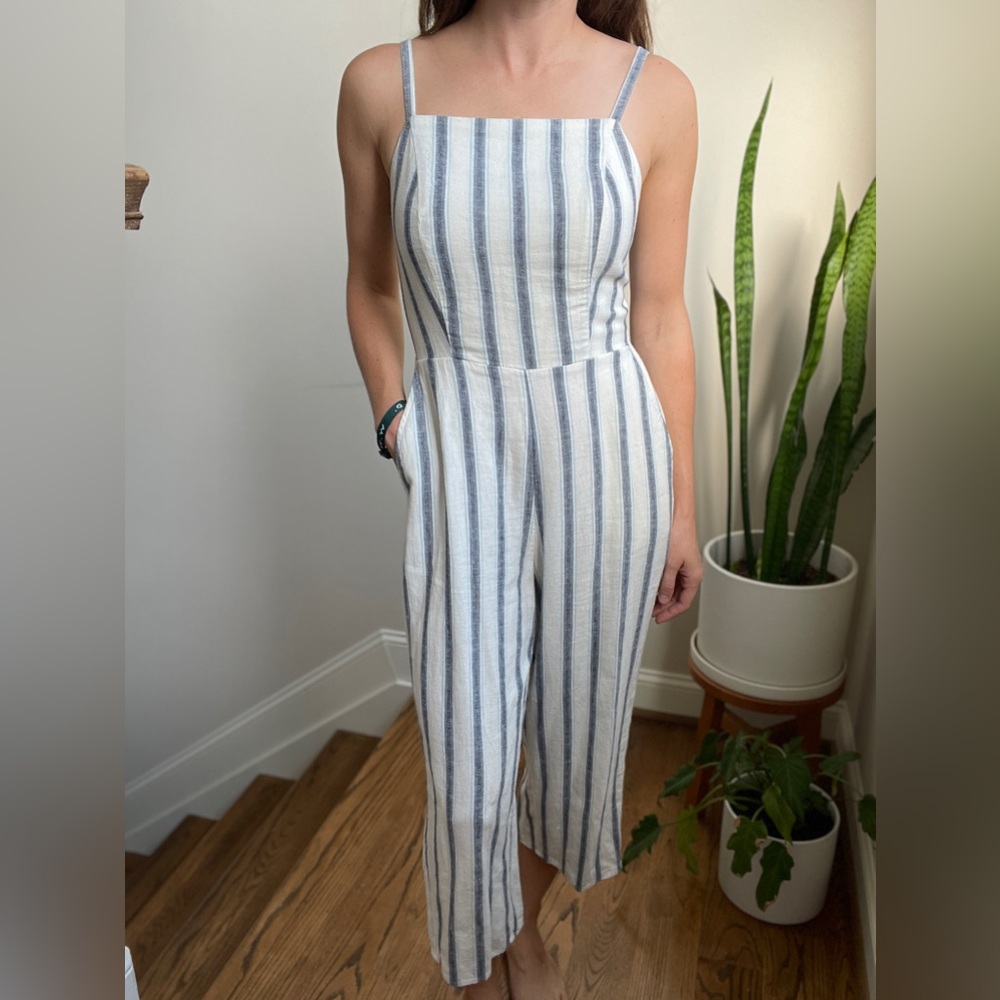 Striped jumpsuit - cream and denim blue
